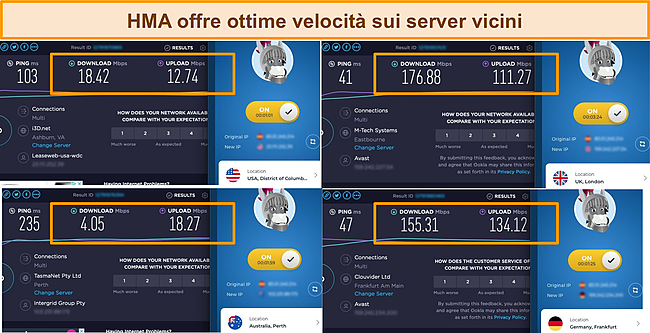 Screenshot dei test di velocità effettuati su 4 diversi server HMA.