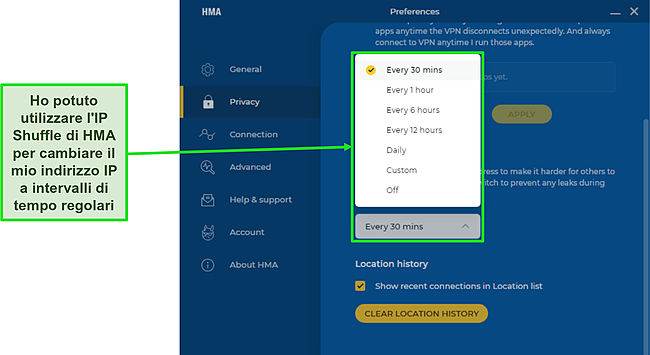 Screenshot della funzione IP Shuffle di HMA che evidenzia la frequenza a cui è possibile impostarla.