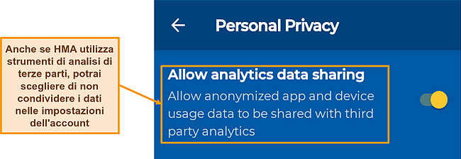 Screenshot dell'opzione di condivisione dei dati abilitata per impostazione predefinita sull'app Android di HMA.