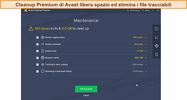Screenshot dell'interfaccia di pulizia premium di Avast.