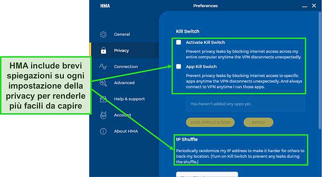 Screenshot delle impostazioni all'interno dell'app di HMA che evidenzia brevi descrizioni sotto ciascuna opzione.