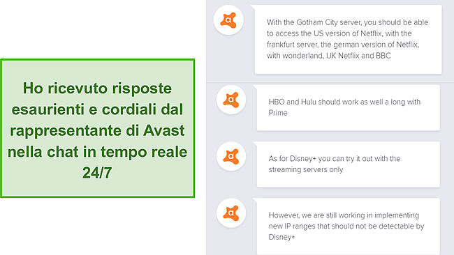 Screenshot del supporto della chat dal vivo di Avast.