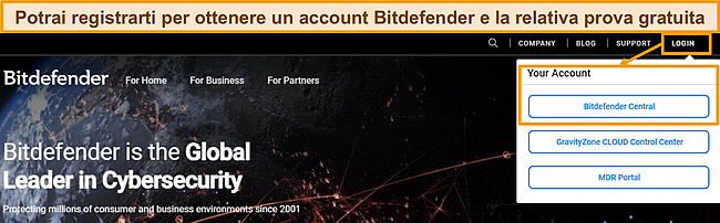 Screenshot della home page di Bitdefender che mostra il pulsante di registrazione.