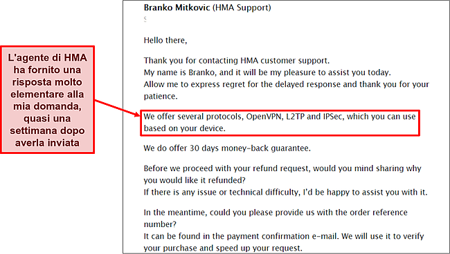 Screenshot del team di supporto e-mail di HMA.
