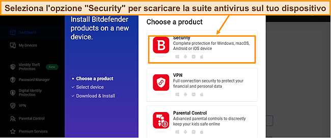 Screenshot che mostra le categorie di prodotti di prova gratuiti di Bitdefender.