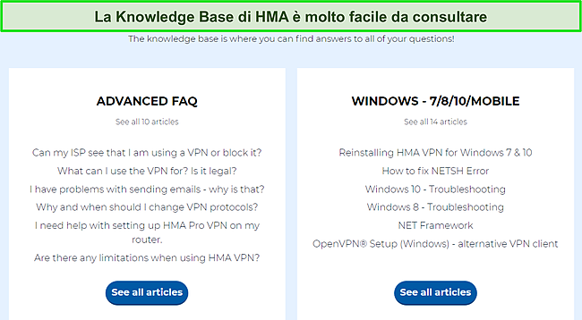Screenshot della pagina della Knowledge Base di HMA che mette in evidenza le categorie di domande frequenti disponibili.