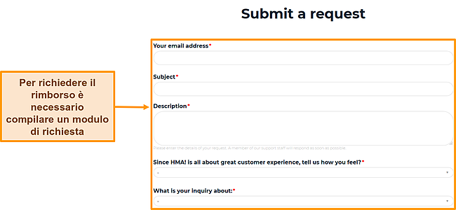 Screenshot del modulo di richiesta di HMA che evidenzia quali campi devono essere compilati per richiedere un rimborso.