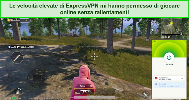 Screenshot di ExpressVPN connesso a un server del Regno Unito durante la riproduzione di PUBG.