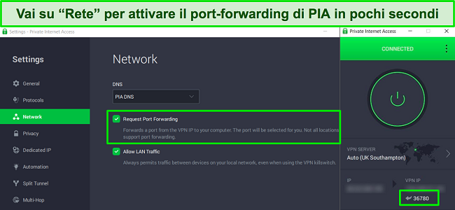 Screenshot dell'app Windows di PIA che mostra come attivare il port forwarding nel menu delle impostazioni di rete.