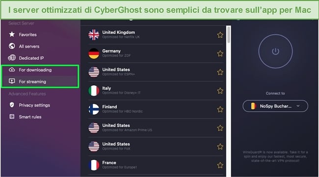 Schermata iniziale estesa di CyberGhost su Mac