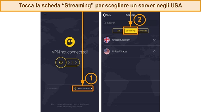 Schermata iniziale di CyberGhost e schermata dei server su iPhone