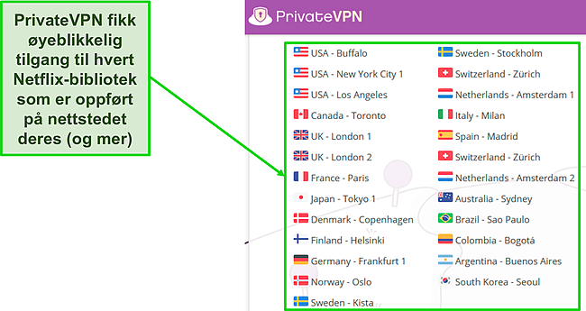 Skjermbilde av Liste over servere på PrivateVPNs nettsted som skal fungere med Netflix.