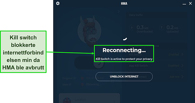 Skjermbilde av HMAs Kill Switch som beskytter trafikken min under et tilkoblingsfall.