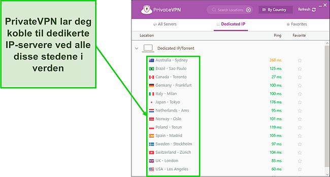 Skjermbilde av PrivateVPN Dedikert IP-servermeny i Windows.