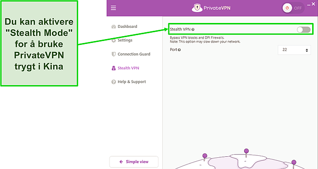 Skjermbilde av Stealth VPN-alternativet i PrivateVPNs innstillingsmeny.