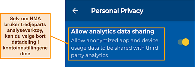 Skjermbilde av datadelingsalternativet aktivert som standard på HMAs Android-app.