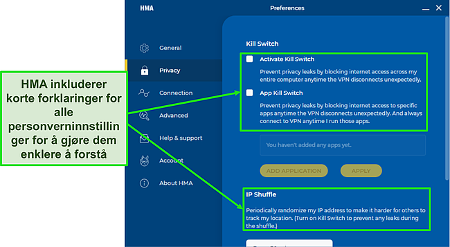 Skjermbilde av innstillinger i HMAs app som fremhever korte beskrivelser under hvert alternativ.