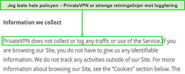 Skjermbilde av PrivateVPNs personvernpolicy på nettstedet.