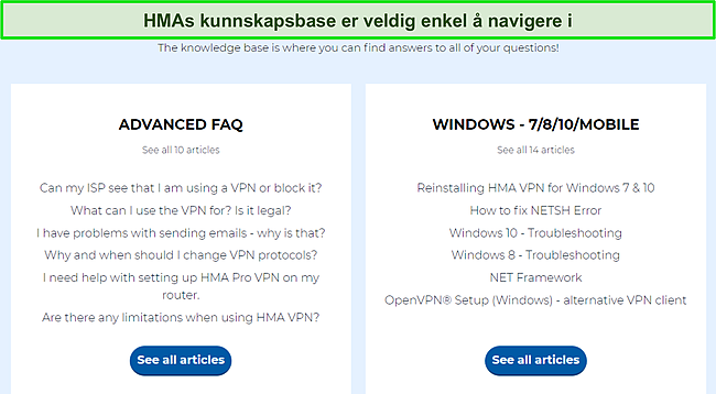 Skjermbilde av HMAs Knowledge Base-side som fremhever tilgjengelige FAQ-kategorier.