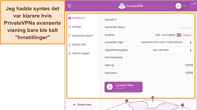 Skjermbilde av PrivateVPNs Advanced View og Simple View i Windows.