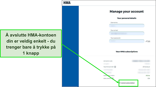 Skjermbilde av HMAs kontoalternativer som fremhever hvilken knapp du skal trykke på for å kansellere abonnementet.