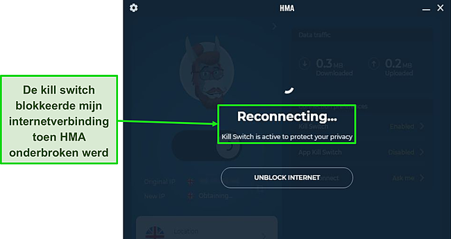 Screenshot van HMA's Kill Switch die mijn verkeer beschermt tijdens een verbroken verbinding.