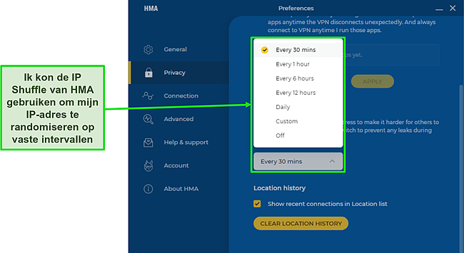 Screenshot van HMA's IP Shuffle-functie met de frequentie waarop u deze kunt instellen.