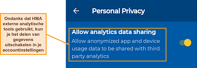 Screenshot van de optie voor het delen van gegevens standaard ingeschakeld in de Android-app van HMA.