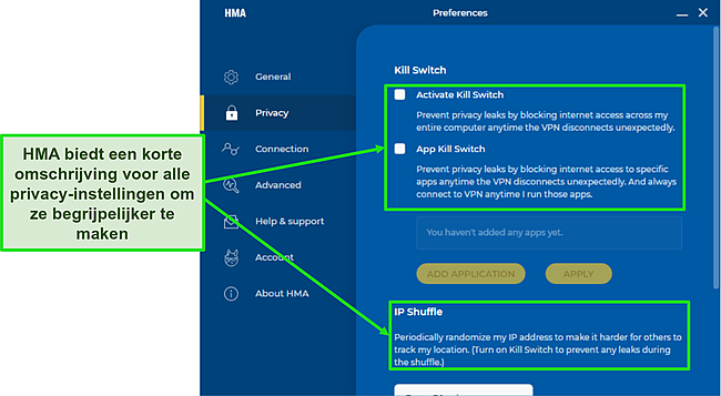 Screenshot van instellingen in de HMA-app met korte beschrijvingen onder elke optie.