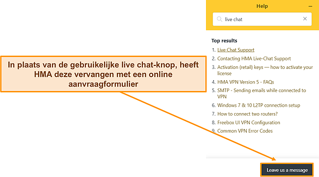 Screenshot van de chatbot van HMA die laat zien dat deze de livechat-optie heeft vervangen.