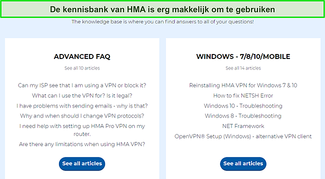 Screenshot van HMA's Knowledge Base-pagina met de beschikbare FAQ-categorieën.