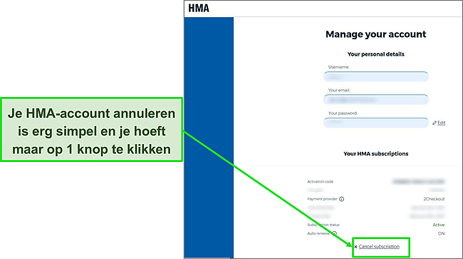 Screenshot van HMA's accountopties die aangeven op welke knop moet worden gedrukt om het abonnement op te zeggen.