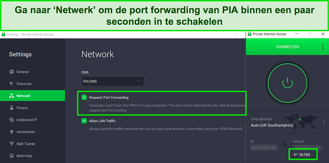 Screenshot van de Windows-app van PIA die laat zien hoe u port forwarding inschakelt in het menu Netwerkinstellingen.