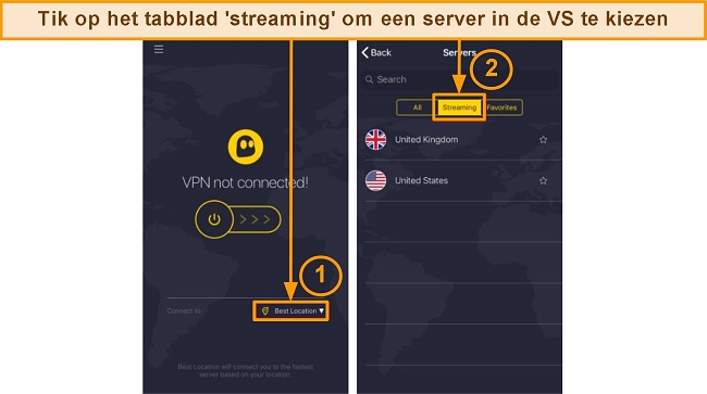 CyberGhost-startscherm en serverscherm op iPhone