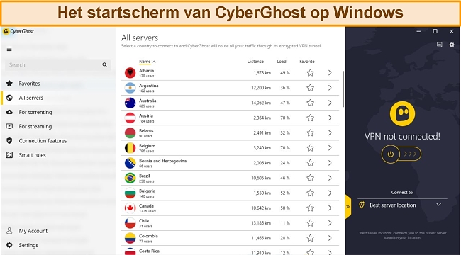 CyberGhost uitgebreid startscherm in de Windows-app