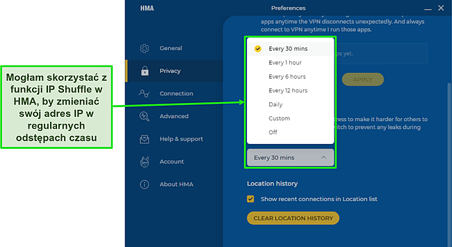 Zrzut ekranu funkcji HMA IP Shuffle z zaznaczoną częstotliwością, na jaką można ją ustawić.