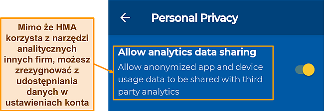Zrzut ekranu opcji udostępniania danych włączonej domyślnie w aplikacji HMA na Androida.