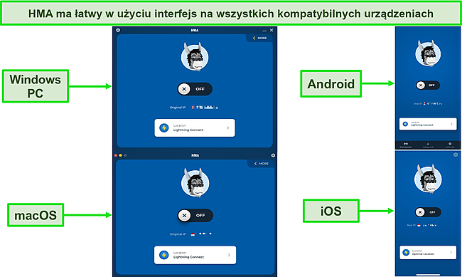 Zrzut ekranu interfejsu aplikacji HMA na komputerze z systemem Windows, Mac, telefonie z systemem Android i telefonie iPhone.