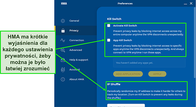 Zrzut ekranu ustawień w aplikacji HMA z krótkimi opisami pod każdą opcją.