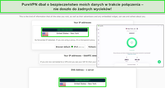 Zrzut ekranu testu szczelności z IPLeak.net pokazujący brak wycieków danych, gdy PureVPN jest podłączony do serwera w USA.