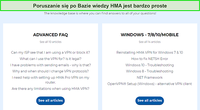 Zrzut ekranu strony bazy wiedzy HMA z zaznaczonymi dostępnymi kategoriami często zadawanych pytań.