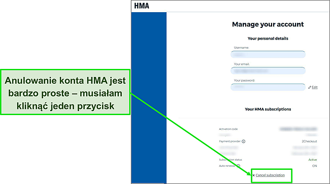 Zrzut ekranu opcji konta HMA z zaznaczeniem przycisku, który należy nacisnąć, aby anulować subskrypcję.