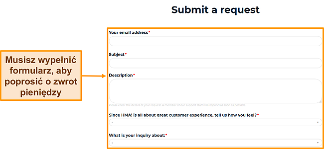 Zrzut ekranu formularza wniosku HMA z zaznaczeniem pól, które należy wypełnić, aby poprosić o zwrot pieniędzy.