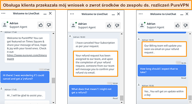 Zrzut ekranu przedstawiający obsługę klienta PureVPN odpowiadającą na żądanie zwrotu pieniędzy i przekazującą prośbę do zespołu rozliczeniowego.