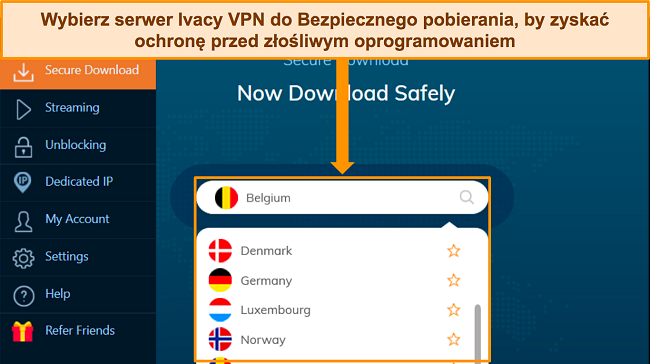 Zrzut ekranu aplikacji Ivacy VPN dla systemu Windows przedstawiający wybór serwera dla funkcji Bezpiecznego pobierania.
