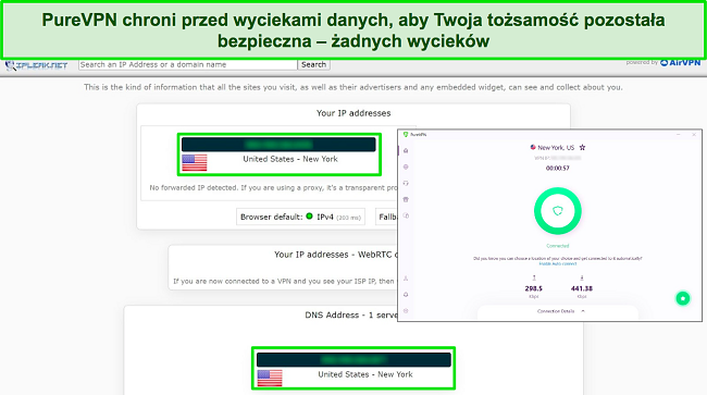 Zrzut ekranu testu ipleak.net pokazujący zero wycieków z PureVPN podłączonym do serwera w USA.