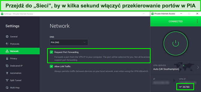 Zrzut ekranu aplikacji PIA dla systemu Windows pokazujący, jak włączyć przekierowanie portów w menu ustawień sieci.