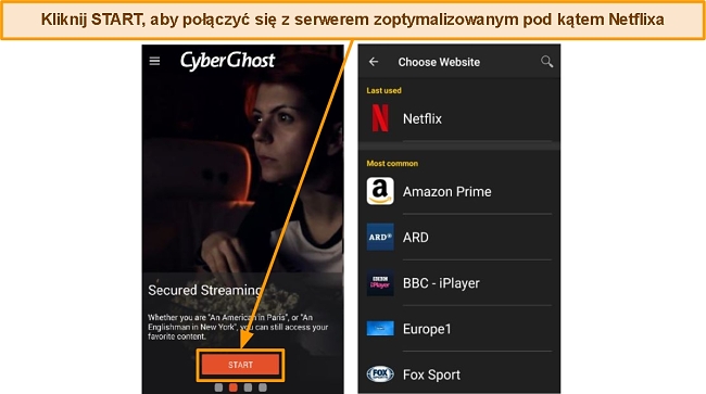 Ekran „Bezpieczne przesyłanie strumieniowe” CyberGhost na urządzeniu z systemem Android