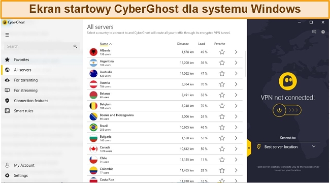 Rozszerzony ekran główny CyberGhost w aplikacji Windows