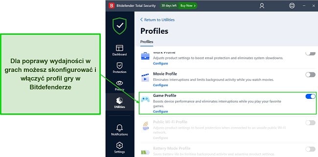 Włączanie profilu gry Bitdefender